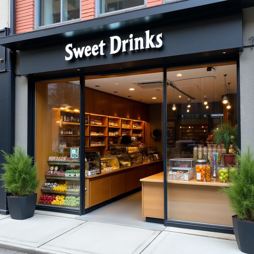 Sweet Drinks storefront with colorful drink displays